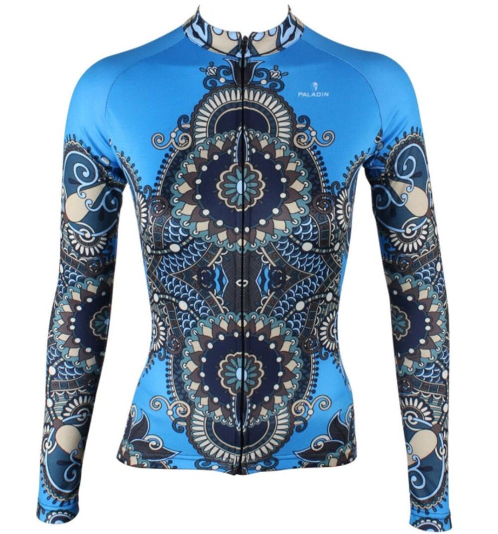 PALADIN blue tan ornate cycling stretch multi pocket zip front top jersey